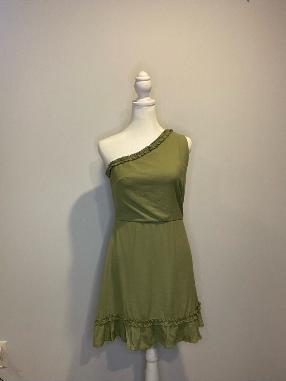 Blue Rain One-Shoulder Olive Green Ruffle Dress